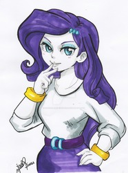 Size: 900x1208 | Tagged: safe, artist:onecro-jael-miku01o, rarity, equestria girls, g4, belt, bracelet, clothes, female, jewelry, looking at you, shirt, skirt, solo, traditional art, watermark