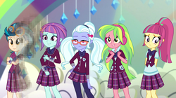Size: 800x449 | Tagged: safe, edit, edited screencap, screencap, indigo zap, lemon zest, sour sweet, sugarcoat, sunny flare, equestria girls, equestria girls specials, g4, my little pony equestria girls: dance magic, avengers: infinity war, clothes, crystal prep academy uniform, crystal prep shadowbolts, dust, i don't feel so good, i don't want to go, meme, school uniform, shadow five, spoilers for another series, sunny flare's wrist devices
