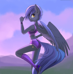 Size: 2000x2044 | Tagged: safe, artist:rublegun, oc, oc only, pegasus, anthro, plantigrade anthro, anthro oc, ass, butt, clothes, female, hair over one eye, high res, kneesocks, looking at you, mare, raised arm, raised leg, shoes, shorts, sneakers, socks, solo, sports bra, sports panties, thumbs up