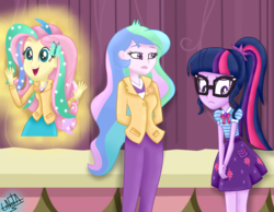 Size: 1550x1200 | Tagged: safe, artist:liniitadash23, fluttershy, princess celestia, principal celestia, sci-twi, twilight sparkle, equestria girls, g4, horse play, my little pony equestria girls: better together, bowtie, clothes, cosplay, costume, cute, equestria girls interpretation, geode of telekinesis, glasses, hands behind back, magical geodes, open mouth, pants, ponytail, sad, scene interpretation, sci-twi skirt, show accurate, shyabetes, shylestia, skirt, stage