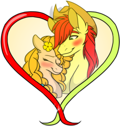 Size: 1024x1077 | Tagged: safe, artist:colourstrike, bright mac, pear butter, earth pony, pony, g4, blushing, bust, female, flower, flower in hair, heart, male, ship:brightbutter, shipping, simple background, straight, transparent background
