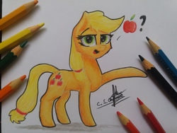 Size: 4128x3096 | Tagged: safe, artist:ironbeastz, applejack, earth pony, pony, g4, apple, colored pencil drawing, female, food, hatless, missing accessory, pencil, solo, that pony sure does love apples, traditional art
