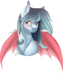 Size: 1532x1801 | Tagged: safe, artist:mauuwde, oc, oc only, oc:umi, bat pony, pony, bat wings, blushing, bust, colored wings, ear fluff, fangs, female, lightly watermarked, looking at you, mare, red eyes, simple background, solo, spread wings, transparent background, watermark, wing claws, wings