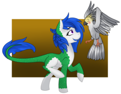 Size: 1024x796 | Tagged: safe, artist:cadetredshirt, oc, oc only, cockatiel, hybrid, kirin, blue hair, happy, leonine tail, pet, scales, simple background, smiling, solo, transparent background, walking