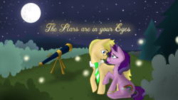 Size: 2560x1440 | Tagged: safe, artist:cadetredshirt, oc, oc:amethyst shine, oc:necktie, firefly (insect), couple, female, field, glasses, male, moon, night, sitting, smiling, stars, straight, telescope, tree