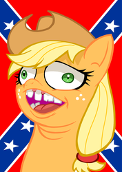 Size: 636x900 | Tagged: safe, artist:curtsibling, applejack, earth pony, pony, g4, applejack's hat, bigotjack, confederate flag, cowboy hat, curtsibling strikes again, derp, downvote bait, duckery in the description, edgy, female, hat, mare, mouthpiece, op is a duck, op is trying to start shit, out of character, redneck, solo, stereotype