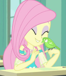 Size: 629x720 | Tagged: safe, screencap, fluttershy, bird, songbird, a little birdie told me, equestria girls, equestria girls series, g4, animal, animated, classroom, cropped, cute, desk, eyes closed, female, gif, shyabetes, solo