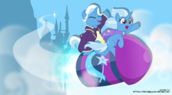 Size: 5550x3090 | Tagged: safe, artist:jhayarr23, jack pot, trixie, pony, unicorn, g4, horse play, clothes, cute, diatrixes, dress, duo, father and daughter, female, fireworks, male, mare, rocket, stallion, starry eyes, toy interpretation, trixie's rocket, wingding eyes