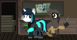 Size: 12964x6669 | Tagged: safe, artist:vector-brony, oc, oc:dragonfire, oc:gina, griffon, pony, unicorn, fallout equestria, fallout equestria: child of the stars, absurd resolution, back to back, dark, fallout, female, mare, pair