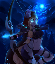 Size: 3300x3814 | Tagged: safe, artist:chapaevv, artist:empaws, oc, oc only, oc:popurri jewel, earth pony, anthro, archery, armor, arrow, bow (weapon), bow and arrow, collaboration, ear fluff, female, high res, looking at you, magic, moon, night, quiver, solo, sylvanas windrunner, tree, unconvincing armor, warcraft, weapon, world of warcraft