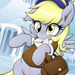 Size: 2375x2375 | Tagged: safe, artist:yorozpony, derpy hooves, pegasus, pony, bag, belly button, blushing, bottomless, clothes, cloudsdale, cute, derpabetes, digital art, ear fluff, eye clipping through hair, female, floppy ears, hat, heart, letter, looking at you, mailbag, mailmare, mailmare hat, mare, messenger bag, mouth hold, rearing, satchel, shirt, signature, smiling, solo, spread wings, uniform, wings