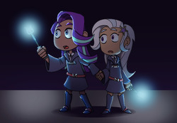 Size: 3784x2614 | Tagged: safe, artist:theboxduchess, starlight glimmer, trixie, human, g4, boots, clothes, dark skin, dress, duo, female, high res, holding hands, humanized, lesbian, light skin, little witch academia, ship:startrix, shipping, shoes, skirt, wand