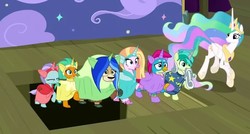 Size: 687x367 | Tagged: safe, screencap, gallus, ocellus, princess celestia, sandbar, silverstream, smolder, yona, alicorn, changedling, changeling, dragon, earth pony, griffon, hippogriff, pony, yak, g4, horse play, about to fail, clothes, costume, dragoness, fake beard, fake ears, fake horn, female, male, mare, prosthetic butt, raised claw, raised hoof, student six, teenager, this will end in pain, trapdoor, wig