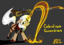Size: 2717x1923 | Tagged: safe, artist:moonlightstrange, oc, oc only, pony, unicorn, female, fire, floppy ears, gray background, gun, magic, mare, rifle, simple background, solo, total war, weapon