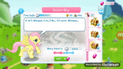 Size: 800x450 | Tagged: safe, gameloft, fluttershy, pegasus, pony, g4, animated, female, game screencap, house m.d., mare, reference, running, solo, sound, spread wings, webm