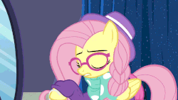 Size: 1280x720 | Tagged: safe, screencap, fluttershy, pony, fake it 'til you make it, g4, season 8, :o, alternate hairstyle, animated, clothes, cute, dress, female, gif, hipstershy, oooooh, open mouth, shyabetes, solo
