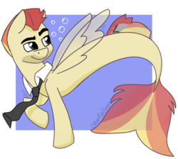 Size: 1024x918 | Tagged: safe, artist:cadetredshirt, oc, oc only, oc:jet stream, seapony (g4), bubble, clothes, dorsal fin, fin, fin wings, fins, fish tail, flowing mane, flowing tail, male, necktie, ocean, scales, seaponified, see-through, simple background, solo, species swap, swimming, tail, transparent background, underwater, water, wings