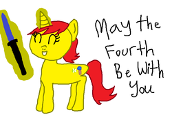 Size: 728x498 | Tagged: safe, artist:nightshadowmlp, oc, oc only, oc:game point, pony, unicorn, glowing horn, horn, lightsaber, may the fourth be with you, star wars, weapon