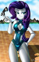 Size: 800x1248 | Tagged: safe, artist:xjkenny, rarity, equestria girls, g4, beach, boob window, breasts, busty rarity, clothes, crepuscular rays, female, ocean, one-piece swimsuit, sand, solo, swimsuit