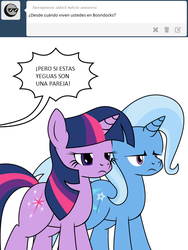 Size: 600x800 | Tagged: safe, artist:dekomaru, edit, trixie, twilight sparkle, pony, unicorn, tumblr:ask twixie, g4, ask, female, lesbian, ship:twixie, shipping, spanish, translation, tumblr