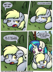 Size: 1400x1900 | Tagged: safe, artist:moemneop, derpy hooves, dj pon-3, vinyl scratch, pony, comic:shifting changelings lies and truths, g4, blushing, comic, ear fluff, glomp, underp
