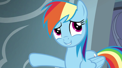 Size: 1280x720 | Tagged: safe, screencap, rainbow dash, g4, my little pony: friendship is magic, newbie dash, hoof out, smiling