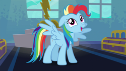 Size: 1280x720 | Tagged: safe, screencap, rainbow dash, g4, newbie dash, alternate hairstyle, behaving like pinkie pie, dynamic dash, lightning, smiling, trunks