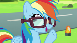 Size: 1280x720 | Tagged: safe, screencap, rainbow dash, pegasus, pony, g4, my little pony: friendship is magic, newbie dash, behaving like twilight sparkle, egghead, egghead dash, glasses, reading rainboom, road, solo, tape