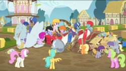 Size: 1360x768 | Tagged: safe, screencap, applejack, crackle pop, derpy hooves, diamond tiara, rainbow dash, randolph, rarity, snips, snips' dad, earth pony, pegasus, pony, unicorn, g4, the cart before the ponies, butt, car, cart, female, kart, mare, plot, racers, swanlestia cart