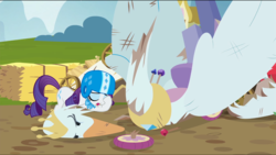 Size: 1360x768 | Tagged: safe, rarity, pony, swan, g4, the cart before the ponies, car, cart, hay, hay bale, helmet, solo, swanlestia cart