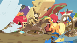 Size: 1360x768 | Tagged: safe, screencap, applejack, earth pony, pony, g4, the cart before the ponies, broken, butt, car, cart, female, mare, mess, plot, road