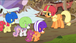 Size: 1360x768 | Tagged: safe, screencap, apple bloom, applejack, scootaloo, sweetie belle, earth pony, pegasus, pony, unicorn, g4, the cart before the ponies, broken, butt, cutie mark crusaders, female, filly, foal, helmet, mare, plot