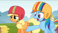 Size: 1360x768 | Tagged: safe, screencap, applejack, rainbow dash, g4, the cart before the ponies, hay, hay bale, helmet