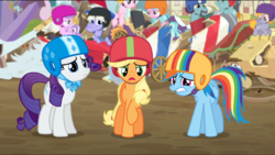 Size: 1360x768 | Tagged: safe, screencap, applejack, rainbow dash, rarity, earth pony, pony, unicorn, g4, the cart before the ponies, broken, cart, female, helmet, mare