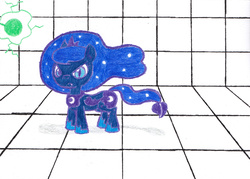 Size: 2266x1624 | Tagged: safe, artist:eternaljonathan, part of a set, princess luna, imp, original species, g4, laser gun, pencil drawing, science fiction, story included, traditional art, transformation