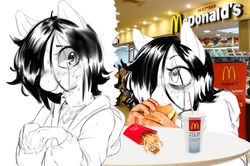 Size: 1009x670 | Tagged: safe, artist:vikalh, edit, oc, oc only, oc:floor bored, anthro, clothes, eating, hoodie, mcdonald's, sfw edit, solo