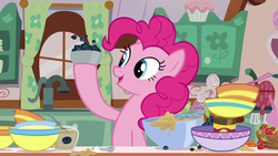 Size: 1280x720 | Tagged: safe, screencap, pinkie pie, g4, secrets and pies, blueberry, bowl, curtains, sugarcube corner