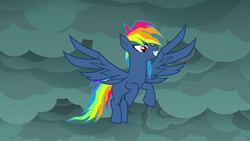 Size: 1280x720 | Tagged: safe, screencap, rainbow dash, pegasus, pony, g4, secrets and pies, adorapiehater, cloud, cute, evil pie hater dash, female, flying, mare, overcast, smiling, solo, spread wings, wings