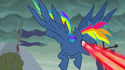 Size: 1280x720 | Tagged: safe, screencap, rainbow dash, pegasus, pony, g4, secrets and pies, cloud, evil pie hater dash, eye beams, female, flag, flying, laser, mare, overcast, solo, spread wings, tree, wings