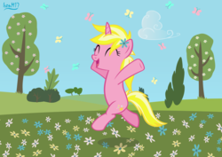 Size: 4060x2868 | Tagged: safe, artist:ironm17, sunshine smiles, butterfly, pony, unicorn, g4, ^^, bipedal, cloud, eyes closed, female, flower, flower in hair, happy, mare, solo, spring, tree