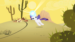 Size: 1280x720 | Tagged: safe, screencap, rarity, pony, unicorn, g4, the cutie mark chronicles, blank flank, cactus, cow skull, dead, desert, female, filly, filly rarity, floating, glowing horn, horn, lidded eyes, prickly pear, rariquest, rarity being dragged to her destiny, rarity is not amused, saguaro cactus, skull, solo, unamused, younger