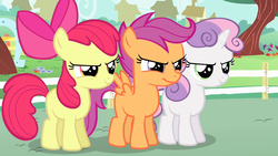 Size: 1280x720 | Tagged: safe, screencap, apple bloom, scootaloo, sweetie belle, earth pony, pegasus, pony, unicorn, flight to the finish, g4, confident, cutie mark crusaders, female, fence, filly, house, trio, trio female