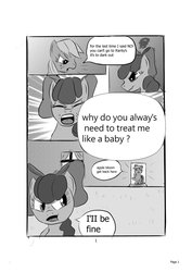 Size: 1024x1448 | Tagged: safe, artist:konfettimayhem, apple bloom, applejack, earth pony, pony, comic:the monster inside of me, g4, comic, female, grammar error, mare, monochrome, this will end in tears and/or death and/or covered in tree sap, yelling