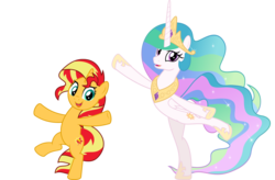 Size: 1557x1024 | Tagged: safe, artist:jhayarr23, edit, princess celestia, sunset shimmer, alicorn, pony, unicorn, equestria girls, horse play, mirror magic, spoiler:eqg specials, bipedal, cute, cutelestia, dancing, duo, female, looking at you, mare, shimmerbetes, sillestia, silly, silly pony, simple background, smiling, transparent background, vector