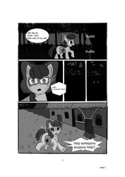 Size: 1024x1448 | Tagged: safe, artist:konfettimayhem, apple bloom, earth pony, pony, comic:the monster inside of me, g4, comic, crying, female, filly, monochrome, running