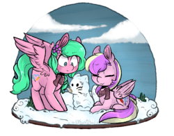 Size: 1024x801 | Tagged: safe, artist:urbanqhoul, oc, oc only, oc:party blossom, oc:quirky craft, pegasus, pony, clothes, duo, female, mare, scarf, simple background, snow, snowpony, transparent background