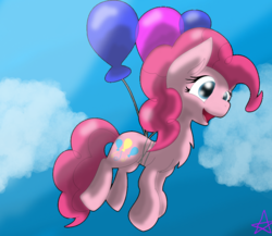 Size: 1024x887 | Tagged: safe, artist:ghosttown1195, pinkie pie, earth pony, pony, g4, balloon, chest fluff, female, floating, flying, mare, solo, then watch her balloons lift her up to the sky
