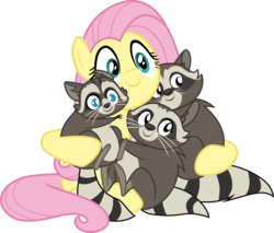 Size: 3516x3000 | Tagged: safe, artist:sollace, fluttershy, smoky, smoky jr., softpad, pegasus, pony, raccoon, fake it 'til you make it, g4, .svg available, c:, cute, female, high res, hug, mare, show accurate, shyabetes, simple background, smiling, solo, transparent background, vector