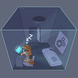 Size: 1500x1500 | Tagged: safe, artist:talimingi, oc, oc only, oc:kiva, pony, robot, robot pony, computer, female, room, sleeping, solo, ych result, zzz