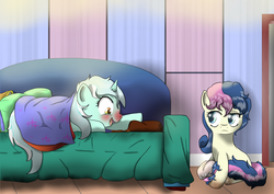 Size: 7016x4961 | Tagged: safe, artist:dusk-spark, bon bon, lyra heartstrings, sweetie drops, earth pony, pony, unicorn, fanfic:the things we do for..., g4, absurd resolution, blanket, blushing, bon bon is not amused, couch, duo, fanfic, fanfic art, fanfic cover, female, mare, red nosed, sick, unamused
